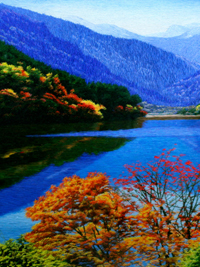 乱针绣《九寨风情》心100 60 框156 95  精品刺绣作品  徐祥云女士绣制